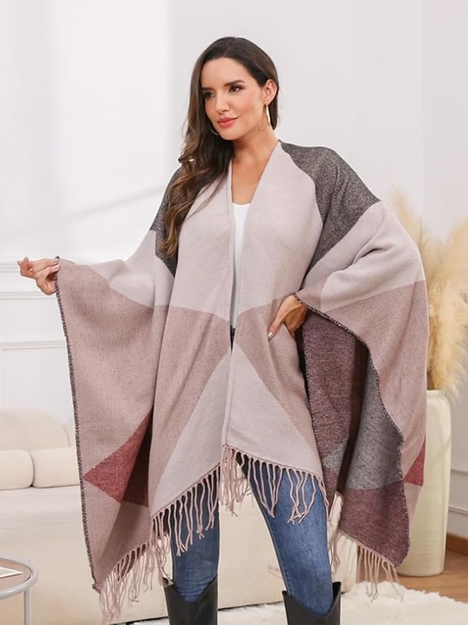 Moss Rose Women's Travel Plaid Shawl Wrap Open Front Poncho Cape for Fall Winter