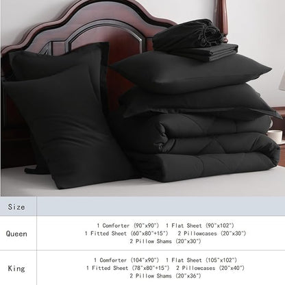 NTBAY King Comforter Set with Sheets, 7 Pieces Soft and Breathable King Bedding Set, Bed in a Bag, Down Alternative Comforter Set Solid Color All Season, King Bedding Set, Black