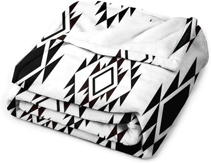 Boho Throw Blanket, Black and White Native Blankets, Vintage Tribal Aztec Printed Flannel Blanket for Chair Bed Sofa Couch 60"x80"