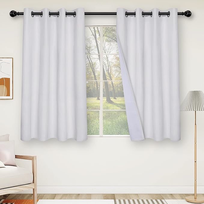 Easy-Going Linen Look 100% Blackout Curtain 52x63 Inch Window Curtain Drapes for Bedroom, Living Room Thermal Insulated Room Darkening (Set of 2 Panels, White)