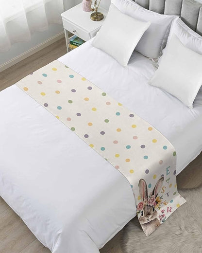 Spring Easter Farm Rabbit Flower Bed Runners for Bedroom Hotel,Decorative Bedding Scarf Colorful Quote Dot on Linen Bed End Blanket Bedding Runner Scarves for King Size Bed,102x20in