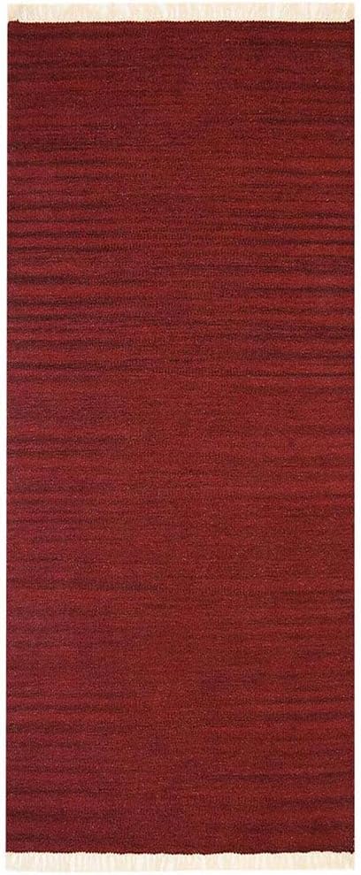 Rugsotic Carpets Hand Woven Flat Weave Kilim Wool ECO-Friendly Area Rugs - 2'6''x12', Runner Shape, Burgundy Color, Solid Plain Design, Low Pile Handmade Rugs for Living Room, Bed Room (D00111)