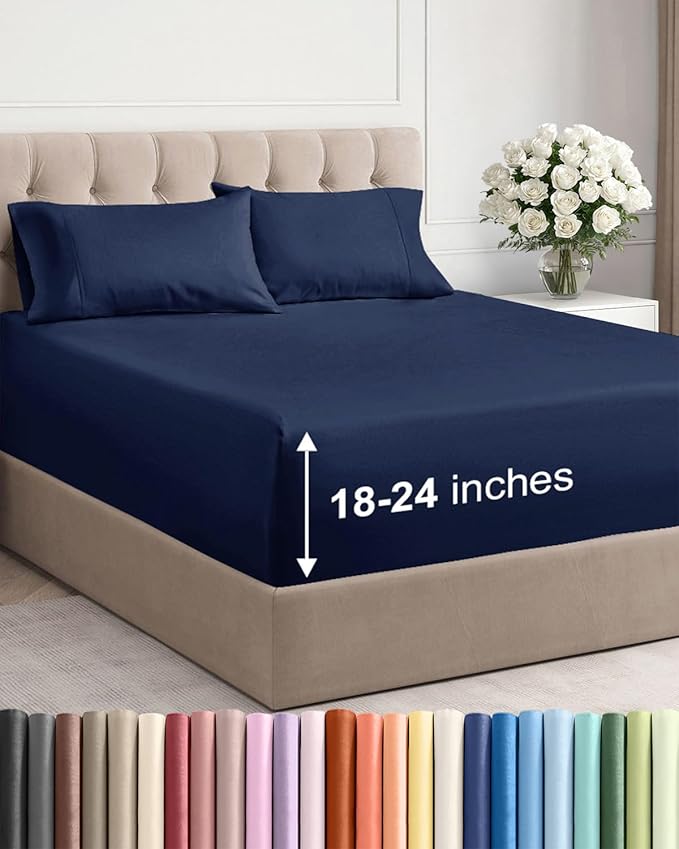 Extra Deep Pocket Full Sheets - 4 Piece Breathable & Cooling Bed Sheets - Hotel Luxury Bed Sheet Set - Soft, Wrinkle Free & Comfy - Easily Fits Extra Deep Mattresses - Deep Pocket Navy Blue Sheets Set