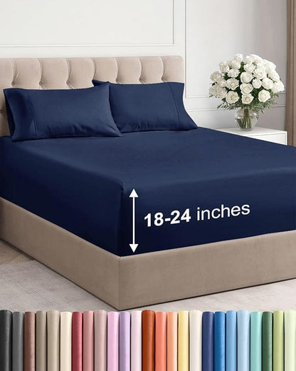 Extra Deep Pocket Full Sheets - 4 Piece Breathable & Cooling Bed Sheets - Hotel Luxury Bed Sheet Set - Soft, Wrinkle Free & Comfy - Easily Fits Extra Deep Mattresses - Deep Pocket Navy Blue Sheets Set