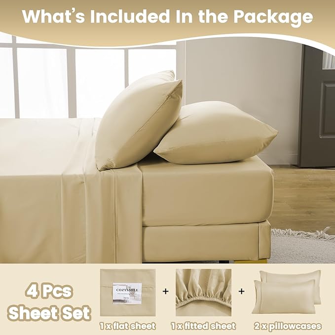 Deep Pocket Super Soft Queen Sheet Set - Luxury 4 Piece Breathable Cooling Sheets for Queen Size Bed, Fits 16" Mattress, Easy Care Wrinkle Free Bedding Sheet and Pillowcase Set, Beige