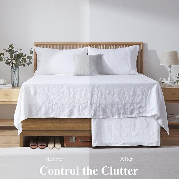 Simple&Opulence Belgian Linen Bed Skirt with Classic 14 inch Tailored Drop Dust Ruffle, Easy Fit Breathable Premium Natural Flax- Basic White, California King