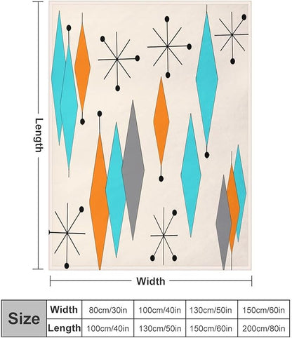 Mid Century Flannel Throw Blankets, Mid Century Modern Geometric Atomic Shapes Orange Retro Style Boho Print Blanket for Bed Couch Sofa Fuzzy Tv Throws 60"x80"