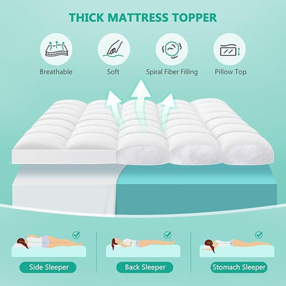 King Mattress Topper - Extra Thick Mattress Pad Cover - Pillow Top with Soft Breathable Spiral Fiber Filling, 8-21 Inch Deep Pocket, Cooling, White