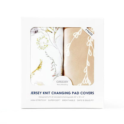 GRSSDER Stretchy Ultra Soft Jersey Knit Changing Pad Cover Set 2 Pack, Stylish Breathable and Come with The Buckle Strap Holes, Universal Fitted Safe and Snug
