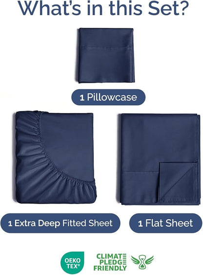 Extra Deep Pocket Twin Sheets - 3 Piece Breathable & Cooling Bed Sheets - Hotel Luxury Bed Sheet Set - Soft, Wrinkle Free & Comfy - Easily Fits Extra Deep Mattresses - Deep Pocket Navy Blue Sheets Set