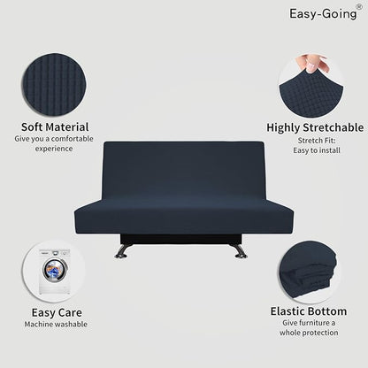 Easy-Going Stretch Futon Slipcover Armless Futon Bed Cover Furniture Protector Without Armrests with Elastic Bottom for Kids, Soft Jacquard Fabric Small Checks (Medium, Dark Blue)