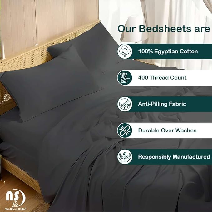 NON Sticky cotton Queen Size Sleeper Sofa Sheets, 4 Piece Egyptian Cotton Bed Sheet Set for Sofa Bed, 7" Deep Pocket for Pull Out Couch Mattress, 60" x 75", Dark Grey Solid, Soft & Breathable