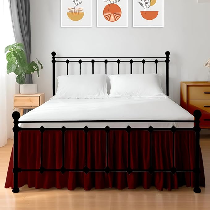 Shreem Linen Ruffled Bed Skirt with Split Corners, Gathered Style, 100% Microfiber, 8-Inch Drop, Dust Ruffle Bedskirt with Platform, Full-XXL, Burgundy