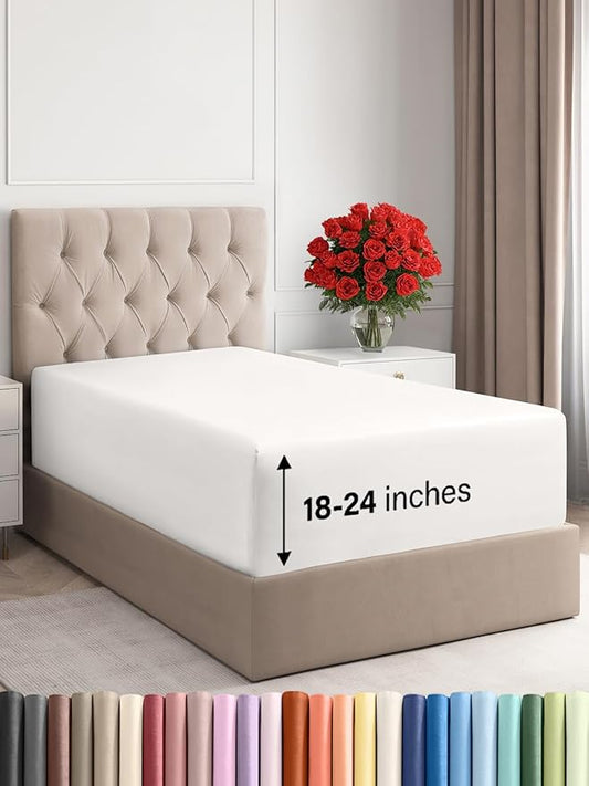 Extra Deep Twin XL Fitted Sheet - Hotel Luxury Single Fitted Sheet Only - Easily Fits 18 inch to 24 inch Mattress - Ultra Soft, Wrinkle Free w/Extra Deep Pockets - Breathable & Comfy - Antique White