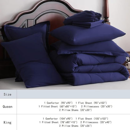 NTBAY King Comforter Set with Sheets, 7 Pieces Soft and Breathable King Bedding Set, Bed in a Bag, Down Alternative Comforter Set Solid Color All Season, Navy Blue