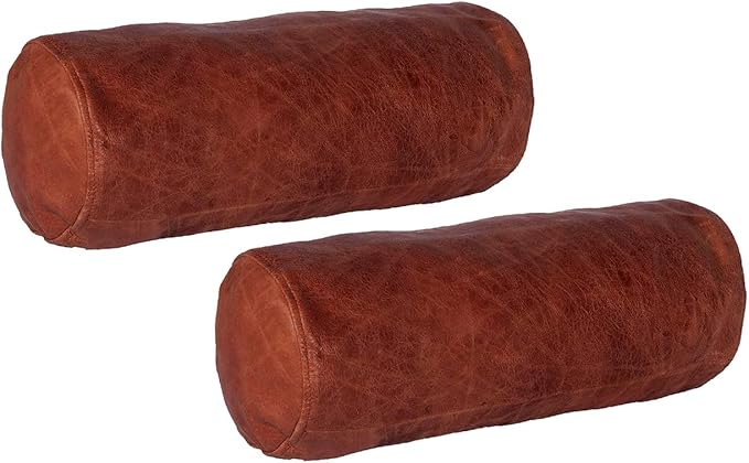 Neck Roll Pillow Cushion Cover, 22x5 Inch Full Moon Round Bolster Pillow Case, Cylinder Soft Lambskin Leather Pillowcase for Head, Spine & Neck Support During Sleep - Tan Artical Pack of 2