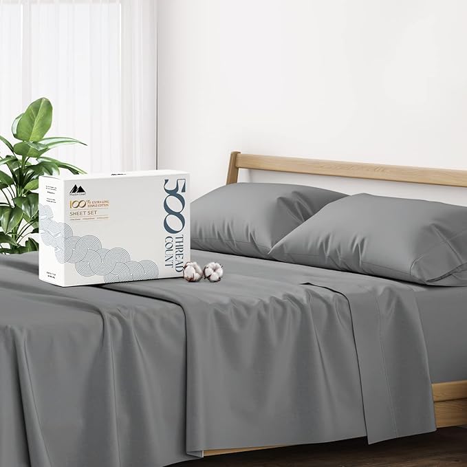 Mayfair Linen 100% Cotton Bed Sheets California King Sheet Set - 500 Thread Count Sheets Cal King Size 4 PC Set (Dark Grey), Soft, Cooling, 16" Deep Pocket Sateen Cotton Bedsheet for Hot Sleepers