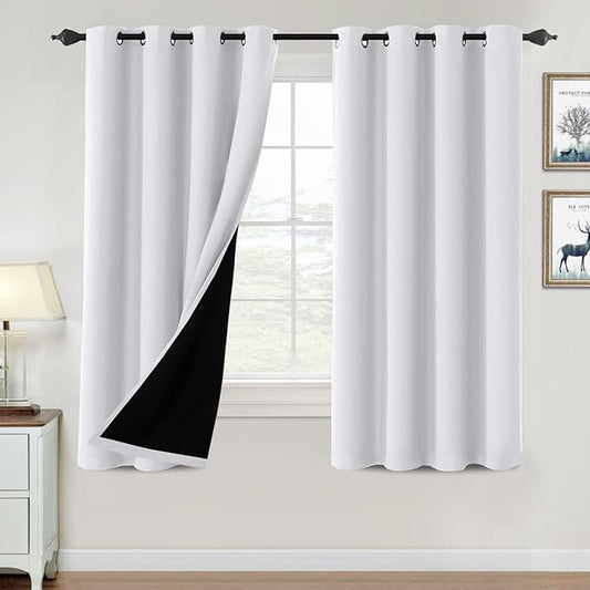 H.VERSAILTEX 100% Blackout Curtains for Bedroom Thermal Insulated Blackout Curtains 63 inch Length Heat and Full Light Blocking Curtains for Living Room with Black Liner 2 Panels Set, Pure White