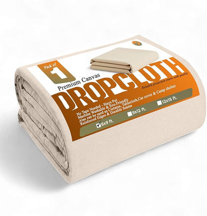 Canvas Drop Cloth by DDRS, Pack of 1 Reusable Paint Drop Cloth, 100% Recycled Cotton, All Purpose Painters Drop Cloth, Cotton Canvas Tarp Cover for Painter Furniture & Floor Protection (6x9 Feet)