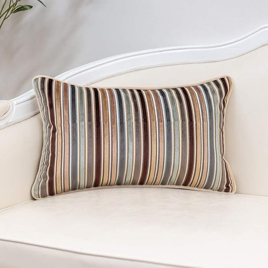 Yangest Brown Striped Throw Pillow Cover Multicolor Velvet Cushion Cover Zippered Rectangular Pillowcase for Sofa Couch Bedroom Living Room Home Decoration, 12x20 Inch