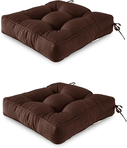 ARTPLAN Outdoor Seat Cushion,Square Thick Tufted Chair Cushion for Patio Wicker Chair with Tie,Set of 2,19"x19"x5",Coffee