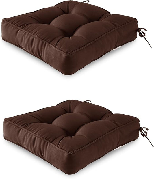 ARTPLAN Outdoor Seat Cushion,Square Thick Tufted Chair Cushion for Patio Wicker Chair with Tie,Set of 2,19"x19"x5",Coffee