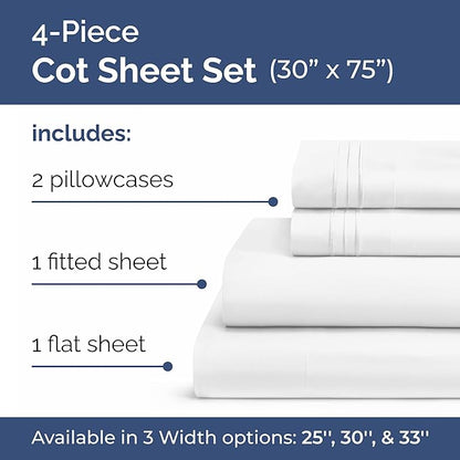 Cot Sheet Set 30” x 75” – Easy-Fit Cot Size Mattress Sheets – Ideal for Narrow Twin, Camper Bunk, RVs, Twin Bunks, Day Care and Camping Cots - Cot Size Fitted Sheet fits 6” to 10” Mattresses – White