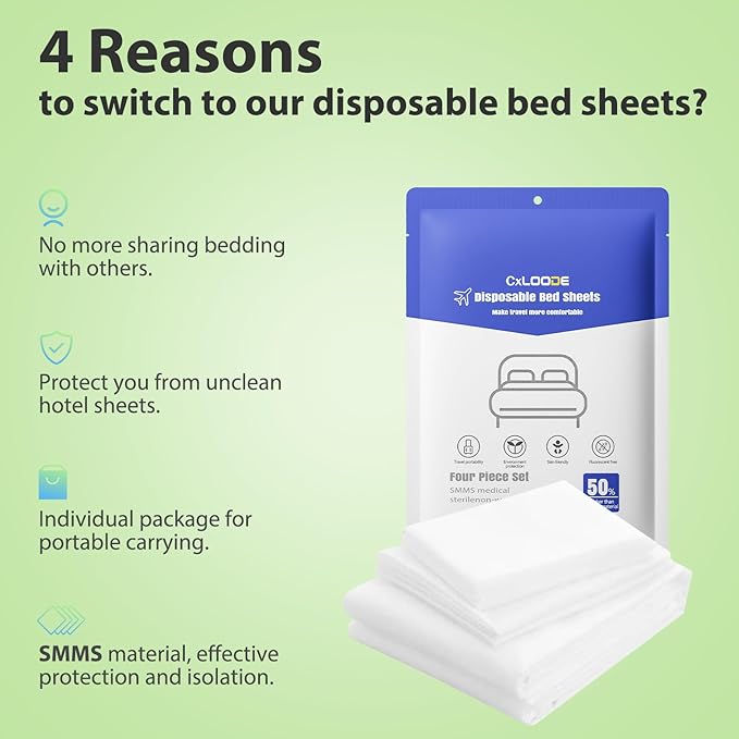 2 Pack Disposable Bed Sheets for Hotel, Portable Bedspread, Disposable Bedding Set with 2 Bed Sheet 2 Quilt Cover and 4 Pillowcase for Travel