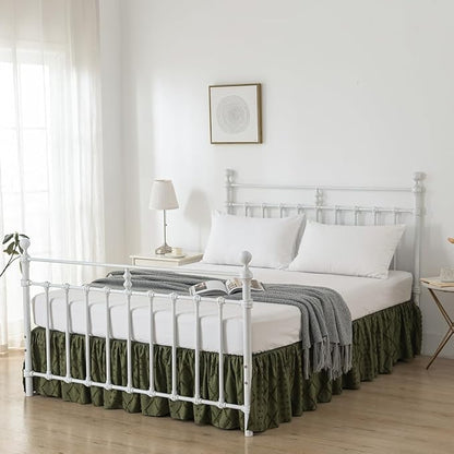 Bed Skirt Queen Size Ruffled Bed Skirt with Split Corners, 12 Inch Drop Dust Ruffle Bed Skirts with Platform, Boho Tufted Shabby Chic Queen Size Bed Skirts, Olive Green