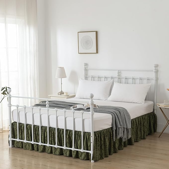 Bed Skirt Queen Size Ruffled Bed Skirt with Split Corners, 16 Inch Drop Dust Ruffle Bed Skirts with Platform, Boho Tufted Shabby Chic Queen Size Bed Skirts, Olive Green