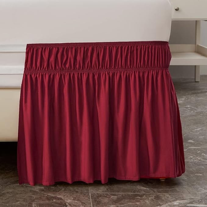 MEILA Wrap Around Bed Skirt Three Fabric Sides Elastic Dust Ruffled 24 Inch Tailored Drop,Easy to Install Fade Resistant-Burgundy, Queen/King