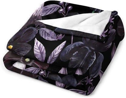 Gothic Floral Blanket, Vintage Abstract Black Purple Peony Flowers Mushroom Print Throw Blanket for Room Bedding Couch Decor Soft Lightweight Warm Cozy, 60"x80"