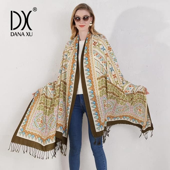 DANA XU 100% Merino Wool Pashmina Shawl for Women 96"x43", Oversized Cashmere Wrap with Tassels, Floral Travel Blanket Cape