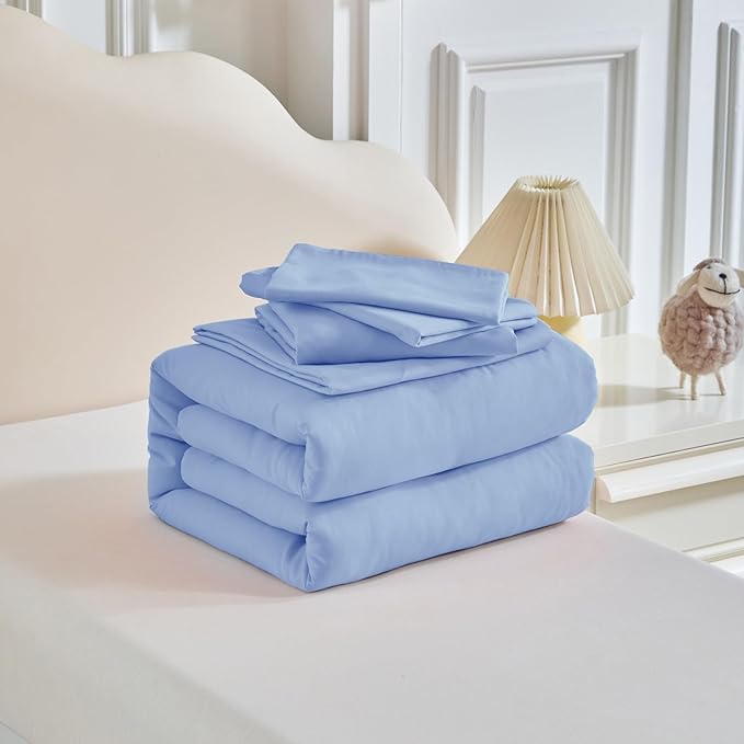 Toddler Bedding Set - 5 Piece Soft and Breathable Toddler Bed Set for Boys and Girls, Includes Quilted Comforter, Fitted Sheet, Flat Top Sheet, Standard Pillowcase and Toddler Pillowcase, Light Blue