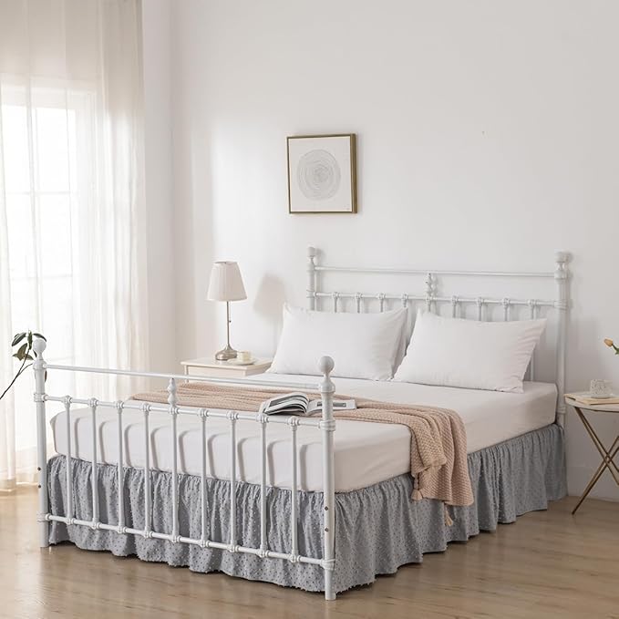 Tufted Dot Bed Skirt Full Size Ruffled Bed Skirt with Split Corners, 18 Inch Drop Dust Ruffle Bed Skirts with Platform, Light Grey