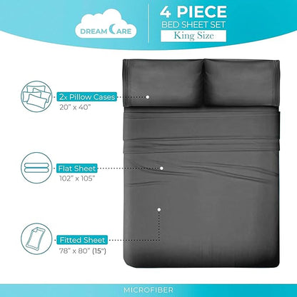 DREAMCARE Full Size Sheets - Cooling Bed Sheets - 4pcs Set - up to 15" Deep Pocket Full Sheet Set - Sheets Full Size Bed - Soft & Long Lasting 100% Fine Brushed Polyester with Side Pocket - Dark Gray