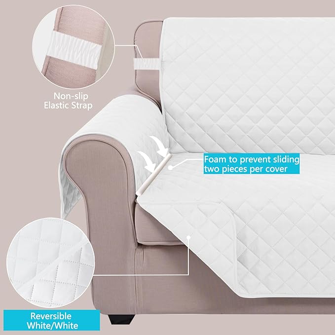 U-NICE HOME Recliner Chair Covers Reversible Chair Cover Pet Covers for Dogs with Elastic Straps Water Resistant Diamond Quilted (23''Recliner Small, White/White)