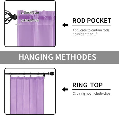 Sheer Curtains 63 Inches Long 2 Panels, Rod Pocket Short Curtain for Kitchen, Bedroom, Cafe Window(Lavender 38" W x 63" L)