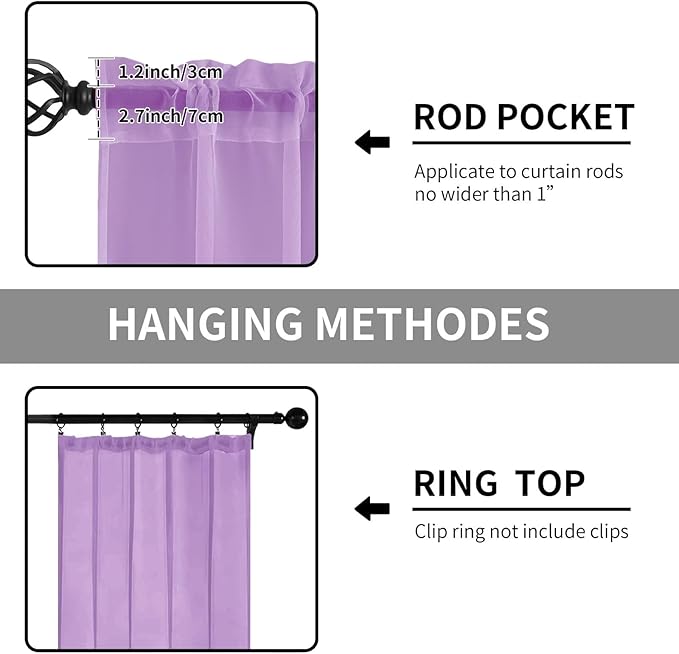 Sheer Curtains 72 Inches Long 2 Panels, Rod Pocket Short Curtain for Kitchen, Bedroom, Cafe Window(Lavender 38" W x 72" L)
