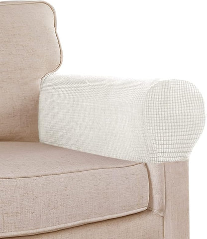 Stretch Sofa Armrest Covers - Spandex Jacquard Anti-Slip Protector for Chairs, Sofas, Couch, Recliner - Set of 2, Off White