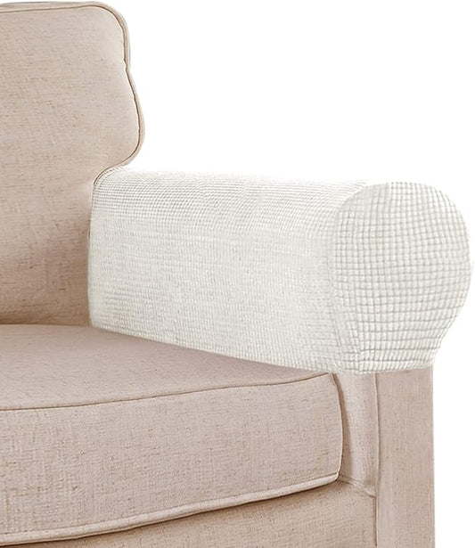 Stretch Sofa Armrest Covers - Spandex Jacquard Anti-Slip Protector for Chairs, Sofas, Couch, Recliner - Set of 2, Off White