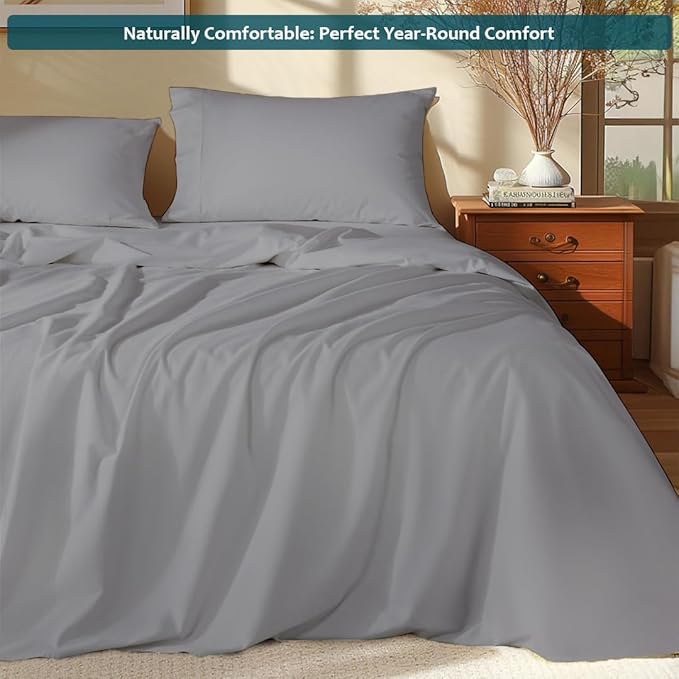 Twin Sheets Set - Luxury 338 Thread Count 100% Egyptian Cotton Sateen, Twin Sheet Set with All Around Elastic for a, Hotel Quality Bedding (Light Grey Solid)