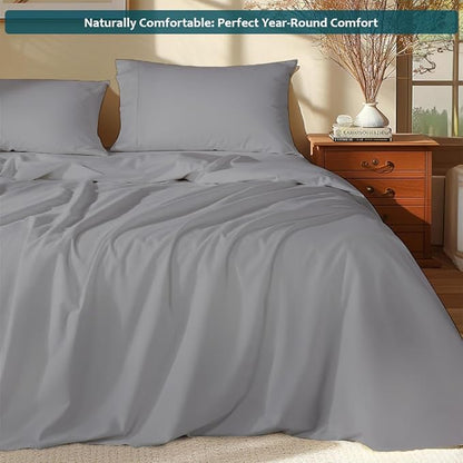 Olympic Queen Sheet Set – 100% Egyptian Cotton, 338 Thread Count – 4-Piece Luxury Super Queen Sheets – Soft & Breathable – 16” Deep Pocket Fitted Sheet, 1 Flat Sheet, 2 Pillowcases (Light Grey Solid)