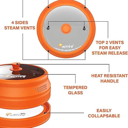 Collapsible Microwave Cover for Food - Silicone and Glass Splatter Guard Lid for 6-12 inch Plates & Bowls, Dishwasher Safe, Heat Resistant, BPA-Free, Orange
