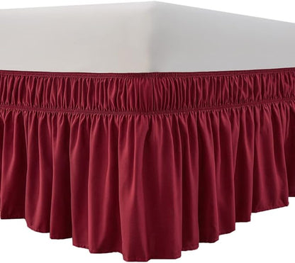 MEILA Wrap Around Bed Skirt Three Fabric Sides Elastic Dust Ruffled 24 Inch Tailored Drop,Easy to Install Fade Resistant-Burgundy, Queen/King
