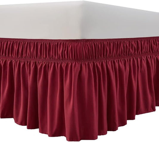 MEILA Wrap Around Bed Skirt Three Fabric Sides Elastic Dust Ruffled 24 Inch Tailored Drop,Easy to Install Fade Resistant-Burgundy, Queen/King