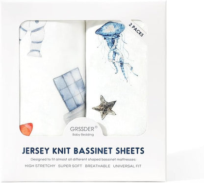 GRSSDER Stretchy Ultra Soft Fitted Bassinet Sheet Set 2 Pack, Universal Fit for Bassinets Baby Cradle Moses Basket Oval Rectangle Mattress Safe and Snug, Sea Fish & Space Stylish Print