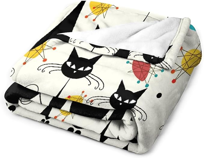 Mid Century Modern Throw Blanket, Atomic Black Cat Starbursts Iconic Sputnik Retro Abstract Geometric 1950s 1960s Throw for Adults Kids Pet, Beige Black 60"x80"