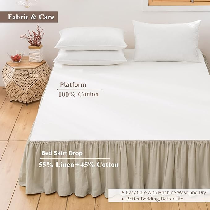 BISELINA French Linen Bed Skirt with Pleated Frills 14-Inch Tailored Drop Natural Flax Cotton Blend Dust Ruffle Soft Cozy Farmhouse Bedding (14" Twin, Linen)