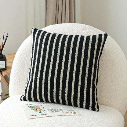 Jonhier Black Striped Boho Throw Pillow Cover, Modern Boucle Textured Square Pillowcase for Sofa Couch Bed, Neutral Farmhouse Accent Decorative Cushion Cover for Living Room Bedroom, 20 x 20 inch